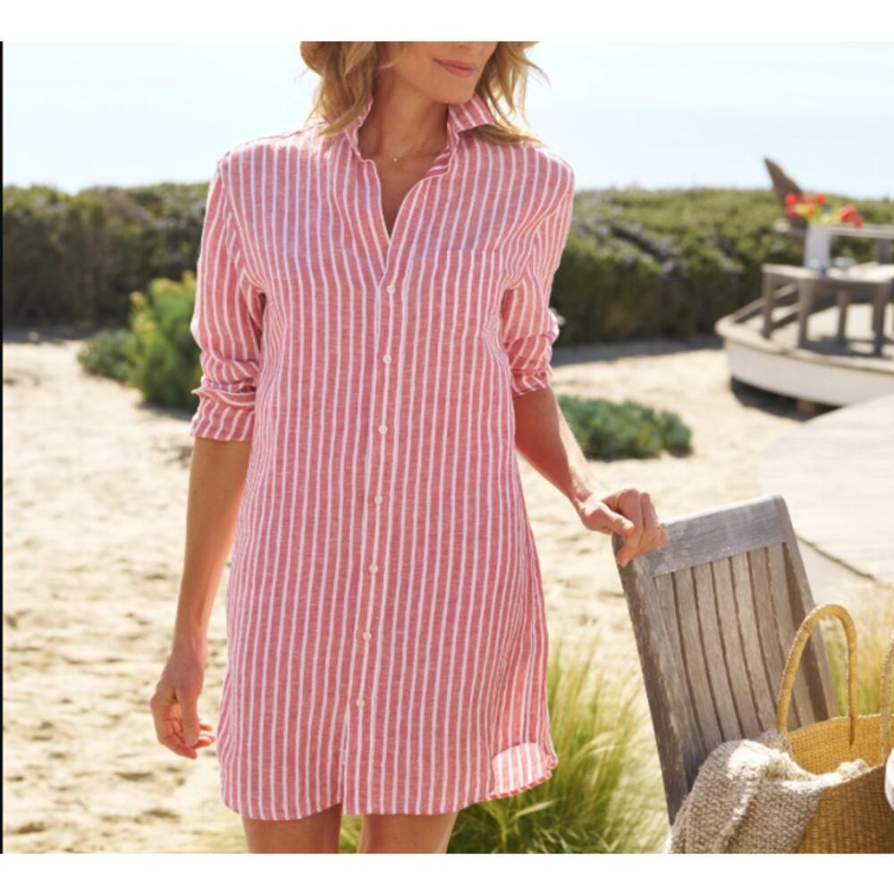 Frank & Eileen Mary Shirtdress Mini Red White Linen Striped Beach Coverup Medium